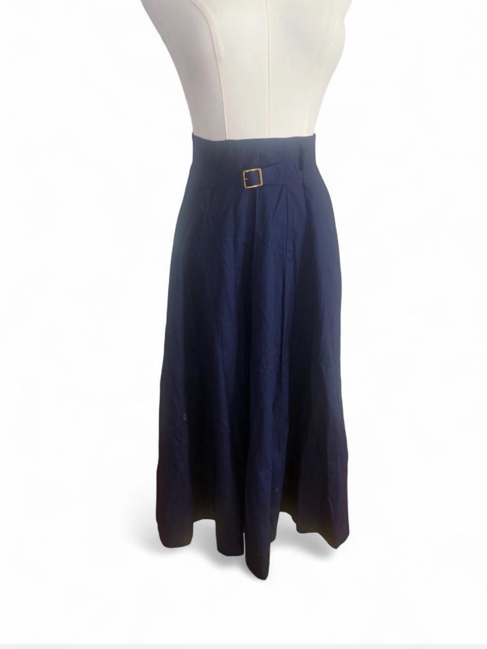 1950s High-Waist Navy Midi Skirt with Buckle Detail
